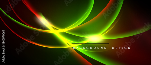 Dynamic abstract lines create vibrant energy. Green, red, yellow hues blend into dark background. Modern design element.