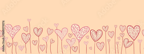 Charming horizontal heart border illustration. A long decorative strip with sweet, playful hearts perfect for banners, Valentine designs, greeting cards, and romantic layouts.