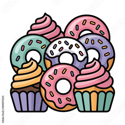 Assortment of sweet sugary donuts and cupcakes with frosting and sprinkles in cartoon style