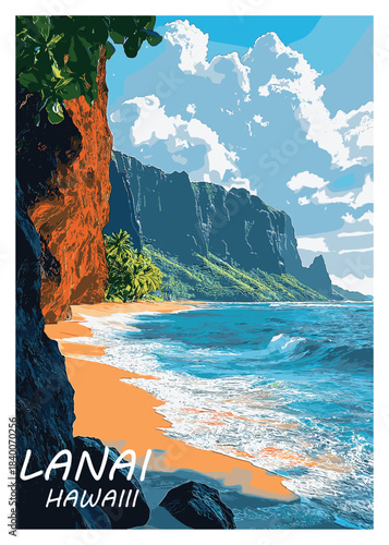 Breathtaking Lanai Hawaii Coastline Vector Art with Rugged Cliffs, Golden Beaches, and Azure Waters for Travel Posters and Destination Designs