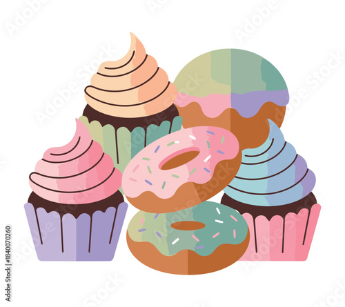 Sweet delectable colorful cupcakes and donuts flat style illustration on white background