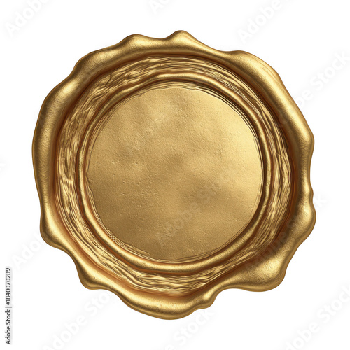 Golden wax seal with ornate edges and blank center isolated on transparent background