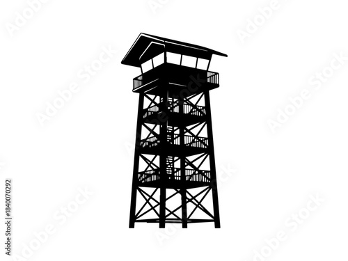 Silhouette of a tall observation tower with multiple levels and a roof, used for scenic views or fire lookout.