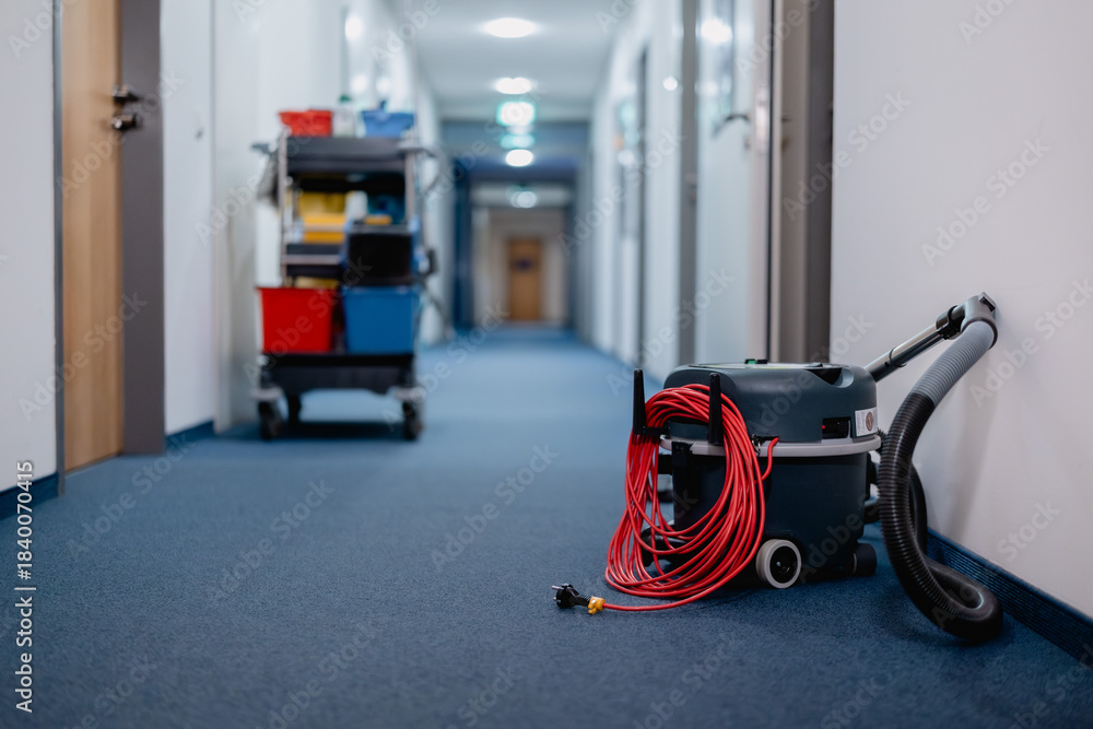 Fototapeta premium Putzwagen und Staubsauger in Bürogebeude