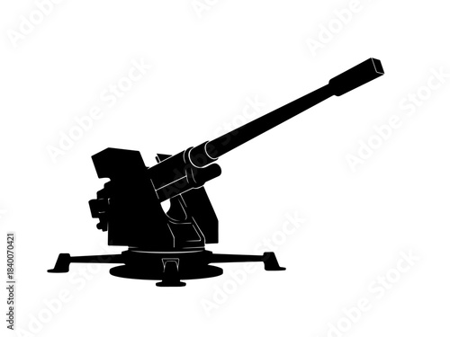 Silhouette of an anti-aircraft gun on a white background, depicting a military weapon.