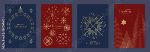 Merry Christmas and Happy New Year vector greeting card set with gold line art snowflakes and abstract holiday elements on red and navy background. Luxury elegant design for invitations and packaging.