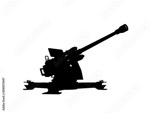 Silhouette of a large caliber anti-aircraft gun mounted on a stable base with outriggers.