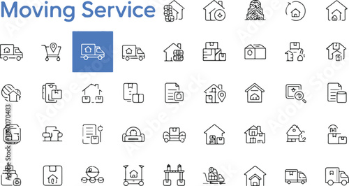 Moving house services icons set vector. Moving Service Line Icon Pack. Storehouse box. Cargo move icon.