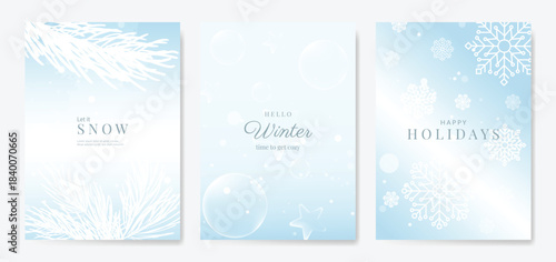 Winter and Happy holiday greeting card vector set. Elegant wallpaper with pine leaves, pinecone, snowflake. Holidays design illustration for cover, print, poster, Happy New Year, ads. 