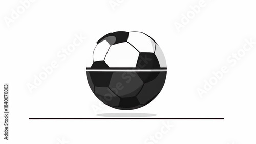 Soccer ball split in half with shadow and line on white background.