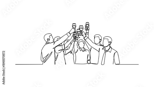 Continuous One Line Drawing of People Toasting with Wine Glasses. Minimalist Vector Illustration of Friends Celebrating and Cheers. Black and White Monoline Art Style.