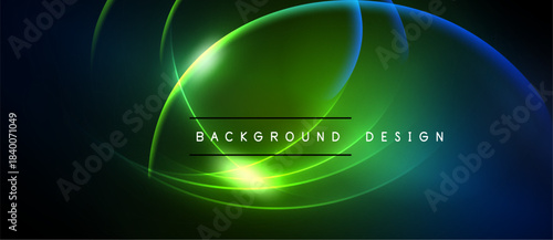 Abstract neon lines create glowing circular shapes. Dark background emphasizes bright green, blue hues. Text reads background design.