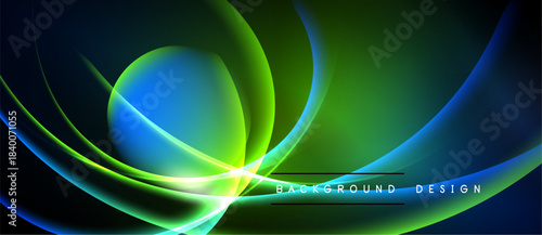 Abstract vibrant curves, flowing shapes. Blue, green hues dominate dark background. Modern design element, energetic feel.