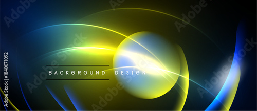 Abstract neon lines create dynamic composition. Bright yellow, blue hues dominate dark background. Text reads background design.