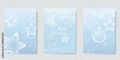 Winter and Happy holiday greeting card vector set. Elegant wallpaper with pine leaves, pinecone, snowflake. Holidays design illustration for cover, print, poster, Happy New Year, ads. 