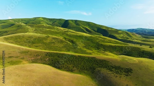 Forward flying drone view of serene rolling hills with green and golden grass under clear sky in Kyrgyzstan