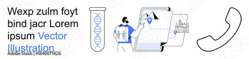 Biotechnology, digital navigation, communication, science education, location services, genetic mapping. Visuals include DNA strand, person with maps and a phone icon. Biotechnology and digital