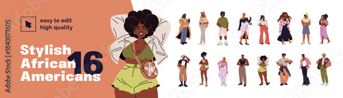 Stylish African American people set. Black men and women are wearing fashion clothes. Diverse girls and boys in different trendy outfits, modern looks. Flat isolated vector illustrations on white