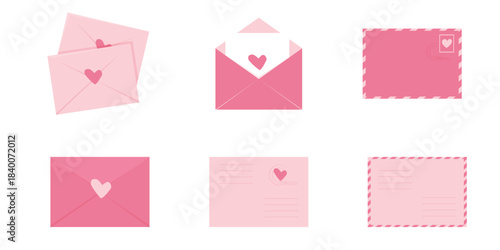 Envelope set, Love letters with hearts, cute pink romantic mail with stamp, airmail, postcard. Wedding and Valentine Day Decoration design elements.
