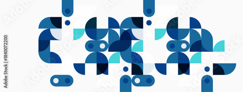 Abstract geometric shapes, blue tones dominate composition. Circles, semicircles create playful pattern. Minimalist design, clean aesthetic.