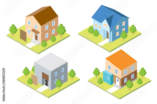 スタイリッシュでかわいい一戸建てマイホームのアイソメトリックイラストセット