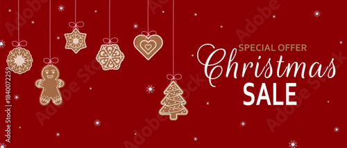 Christmas sale promotional design with SPECIAL OFFER Christmas SALE text, hanging gingerbread cookies, and snowflakes on red background. Ideal for festive marketing and seasonal advertising