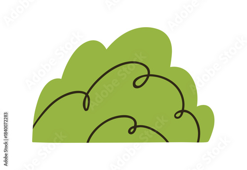 Abstract bush. Doodle-style green shrub, twisted wavy shape, simple leaf form. Outdoor nature decoration, summer vegetation element, shrubbery. Flat vector illustration isolated on white background