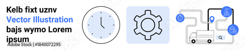 Clock, gear, and vehicle-based logistics network in minimal style, representing time efficiency and process management. Ideal for productivity, scheduling, workflow, logistics, technology