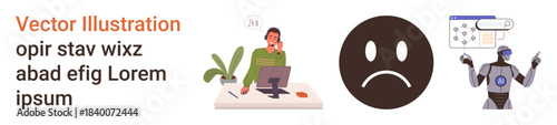 Workplace stress, emotional health, technology usage, artificial intelligence, digital tools, innovation concepts. A stressed worker at a desk, sad emoticon and AI robot graphic. Workplace stress