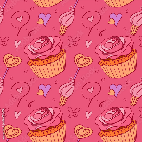 Seamless pattern with adorable Valentine doodles: hearts, gifts, arrows, and romantic icons. Playful hand-drawn style for wrapping paper, textiles, wallpapers, and holiday backgrounds.