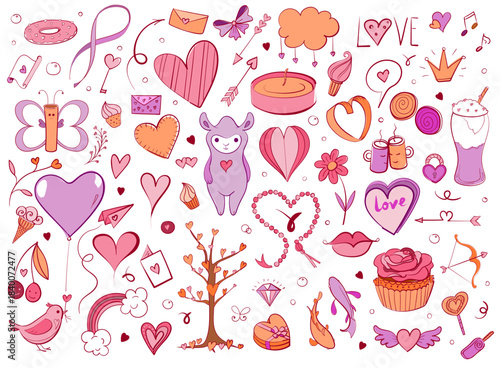 Colorful Valentine doodle set with hearts, gifts, arrows, love messages and romantic symbols. Cute hand-drawn style for cards, stickers, posters, and festive design projects.