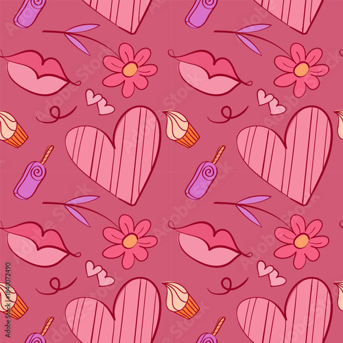 Seamless pattern with adorable Valentine doodles: hearts, gifts, arrows, and romantic icons. Playful hand-drawn style for wrapping paper, textiles, wallpapers, and holiday backgrounds.