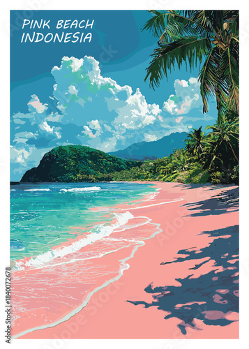 Detailed vector illustration of a tropical beach scene in Indonesia, featuring palm trees, azure water, and pink sand, ideal for travel and summer themes.