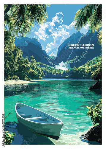 Detailed vector art of the Green Lagoon in French Polynesia with a boat, showcasing pristine waters, perfect for travel brochures and marketing.