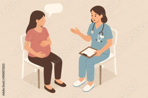 Pregnant woman listening to her healthcare provider during prenatal check up. Midwife offering advice and support