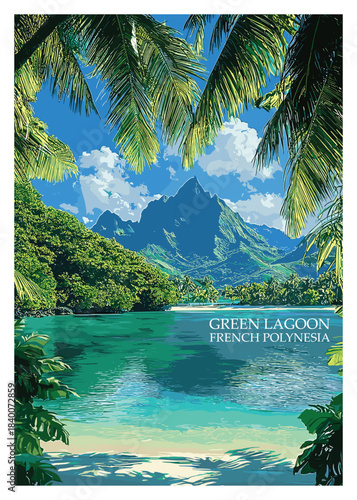 Serene vector design of the Green Lagoon in French Polynesia, capturing the essence of tropical tranquility, suited for travel blogs and tourism ads.