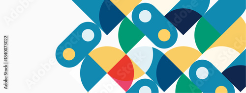 Abstract geometric pattern. Colorful overlapping shapes create dynamic visual texture. Modern design, vibrant hues, simple forms.