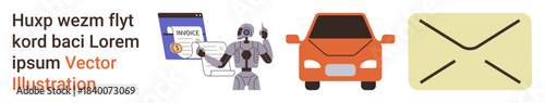 Artificial intelligence, automated billing, smart transport, communication, robotics, innovation. A robot with invoice, car and envelope icons. Automation and AI innovation concept in various