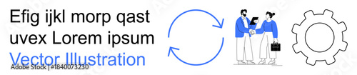 Workflow management, teamwork, process automation, business collaboration, corporate operations, strategy visualization. Two people shaking hands, circular arrows gear symbol. Workflow and teamwork