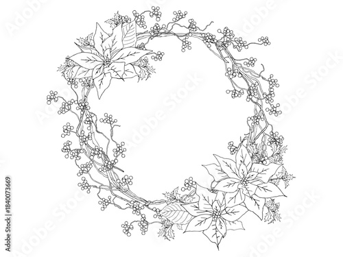 ポインセチアとサンキライのリース線画①黒aics2