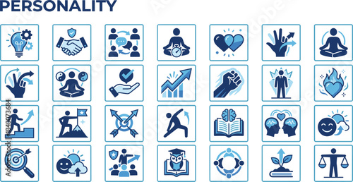 Personality development icon set featuring mindset growth, emotional intelligence, motivation, communication, self-improvement, mindfulness, leadership, and personal strengths