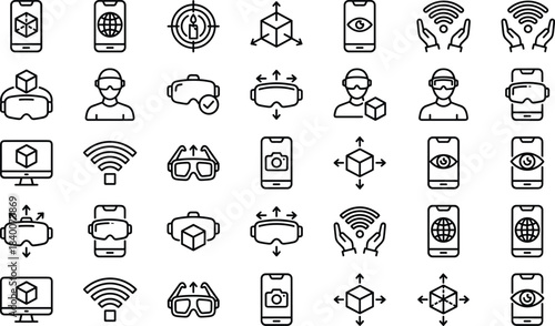 Augmented and virtual reality icon set featuring VR headsets, AR interaction, motion tracking, 3D objects, mobile interface, and immersive technology elements