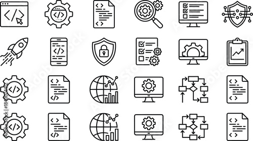 Software development and coding icon set featuring security, analytics, workflow diagrams, automation, testing, and programming symbols for modern technology solutions