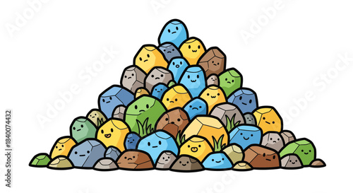 A Cheerful Gathering of Animated Stone Characters, Creating a Fun Pile on White Background