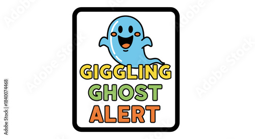 A Cheerful Giggling Ghost Alert Cartoon Design in a Black Outlined Square