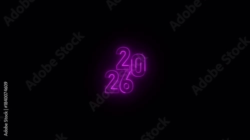 Neon glowing colorful 2026 new year on black background. 4k motion video
