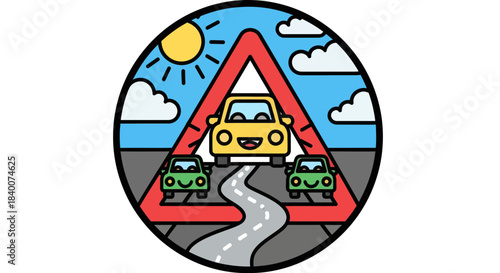 A Circular Illustration of Road Safety Featuring Cartoon Cars And Warning Sign