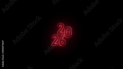 Neon glowing colorful 2026 new year on black background. 4k motion video