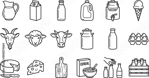 Milk, dairy, farm, animal, food, product, cheese, bottle, carton, goat, cow, sheep, icon, vector, illustration, CAD, drawing, flat, design, template