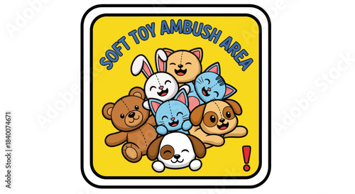 A Collective Of Animated Plush Toys Enjoined Within Bright Square Signage Detailing Their Ambush